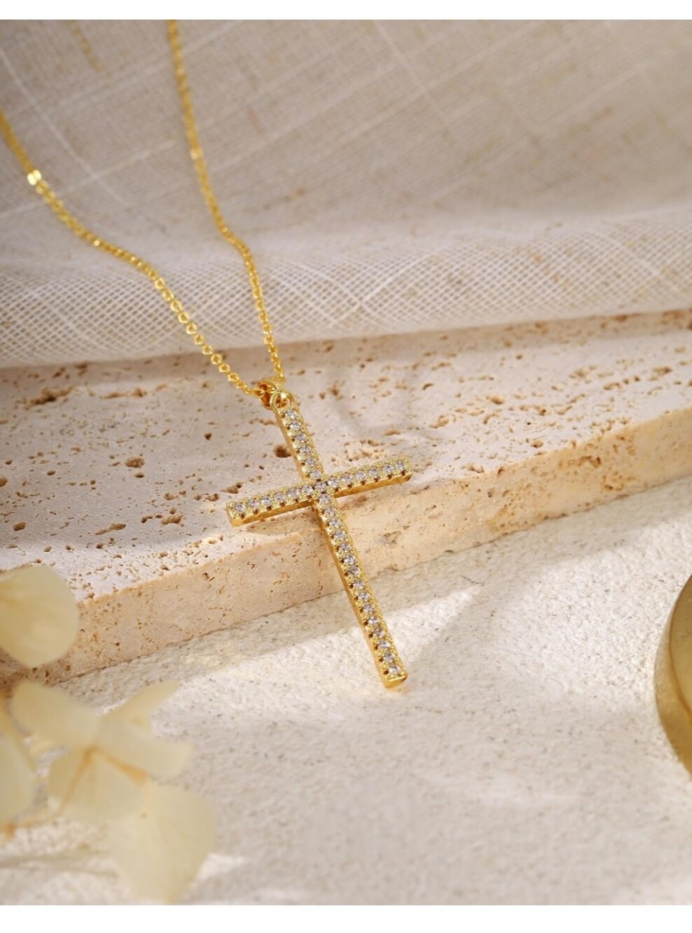 Gold Cross Pendant Necklace with Clear Stones - Women Jewelry